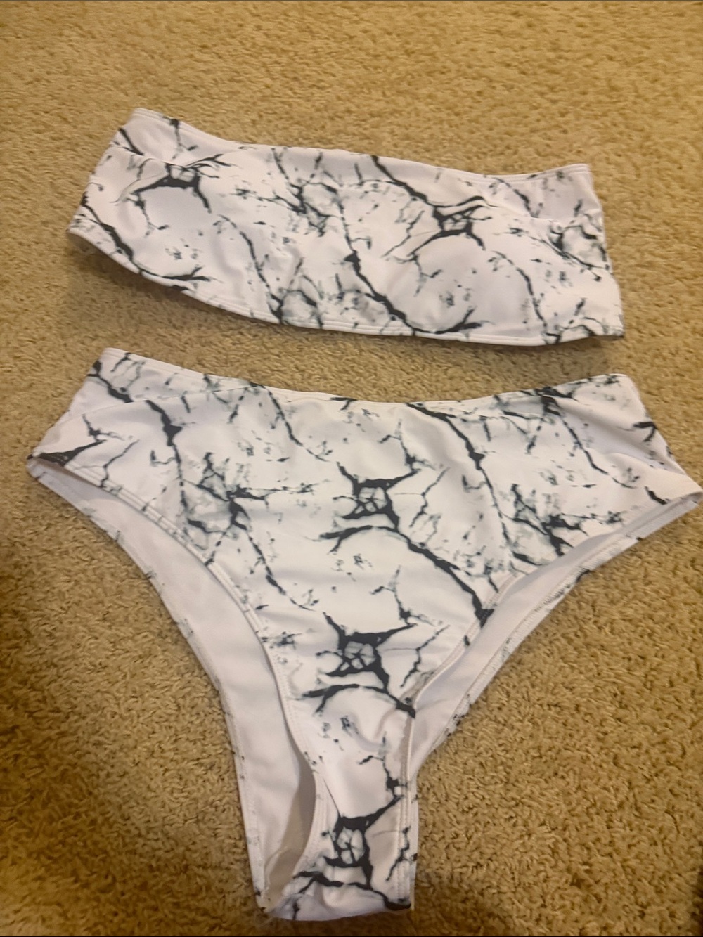 SHEIN White Marble-Print Bandeau Bikini Set